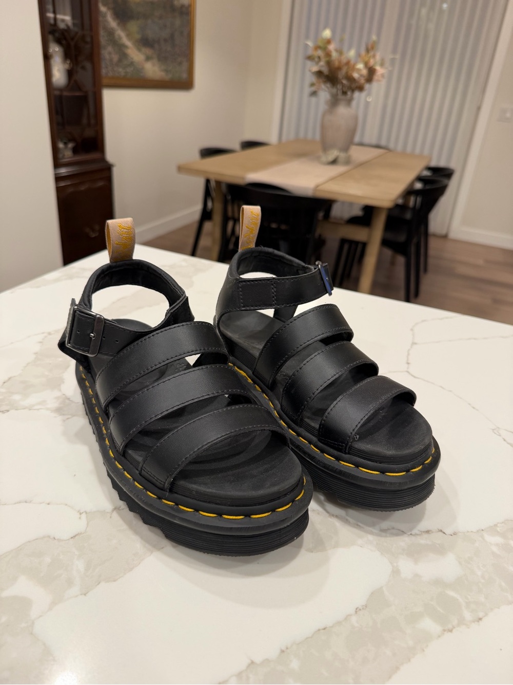 Dr. Martens Black Leather Strappy Platform Sandals with Yellow Stitching